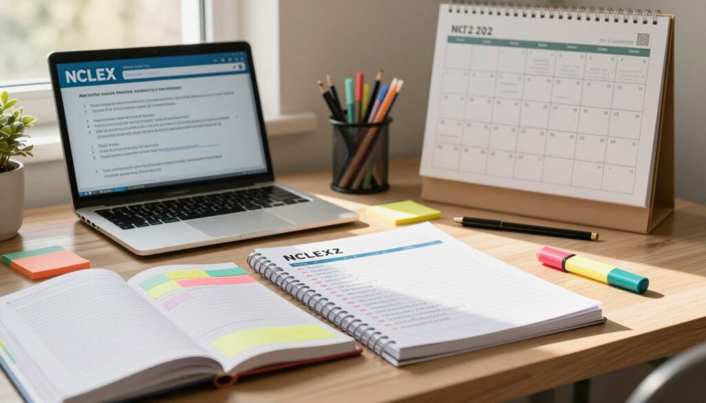 A study desk in a cozy, well-lit room, featuring a neatly organized NCLEX study plan laid out on the surface. The foreground includes an open notebook with colorful sticky notes and highlighters scattered around, suggesting a vibrant study atmosphere. In the middle ground, a laptop displays NCLEX practice questions on the screen, while a calendar on the wall highlights an effective study schedule with dates and goals marked. In the background, warm sunlight streams through a window, casting a soft glow that creates an inviting ambiance. The overall mood is focused and productive, with an emphasis on organization and preparation, embodying the importance of a structured study schedule for busy students.