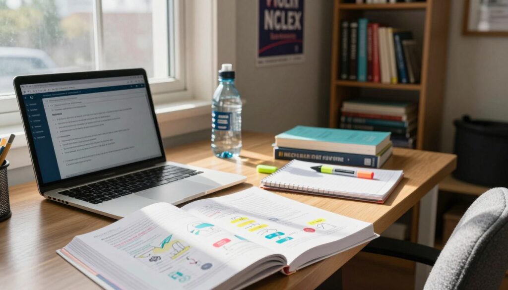 A study desk is set up in a cozy, well-lit study room, with sunlight streaming through a large window. The foreground features an open NCLEX review book, its colorful pages filled with diagrams and key concepts. A laptop is to the side, showing a quiz interface, while a highlighter and notepad are scattered nearby, indicating active learning. In the middle ground, a comfortable chair invites study sessions, and a water bottle gives a sense of readiness. The background reveals a bookshelf filled with nursing textbooks and motivational posters about conquering the NCLEX. The atmosphere is focused and inspiring, conveying determination and productivity, reflecting the journey of preparing for the NCLEX in a short time frame. A study desk is set up in a cozy, well-lit study room, with sunlight streaming through a large window. The foreground features an open NCLEX review book, its colorful pages filled with diagrams and key concepts. A laptop is to the side, showing a quiz interface, while a highlighter and notepad are scattered nearby, indicating active learning. In the middle ground, a comfortable chair invites study sessions, and a water bottle gives a sense of readiness. The background reveals a bookshelf filled with nursing textbooks and motivational posters about conquering the NCLEX. The atmosphere is focused and inspiring, conveying determination and productivity, reflecting the journey of preparing for the NCLEX in a short time frame.