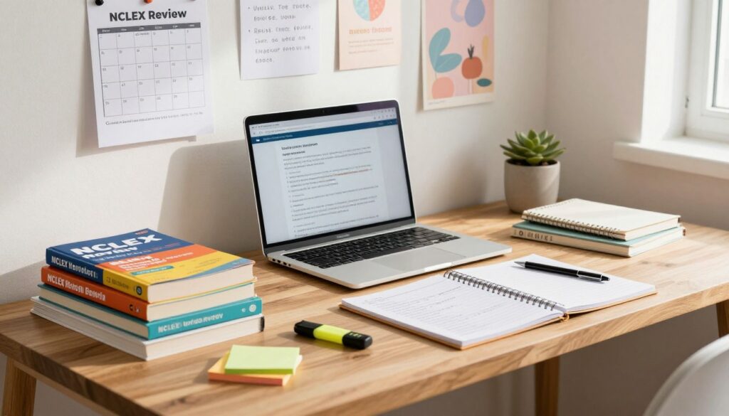 A study space filled with NCLEX review resources, featuring a neatly organized wooden desk. In the foreground, there's a stack of colorful NCLEX review books, a highlighter, and sticky notes scattered around. The middle ground contains a laptop open to a study app, with a notepad and pen beside it. The background shows a wall with a pinned study schedule and motivational quotes, inspirational posters in soft pastels. Natural light filters through a window, casting a warm glow over the scene, creating a calm and focused atmosphere. The image should capture the essence of diligent study and preparation, with an inviting and organized aesthetic to inspire success in nursing candidates.