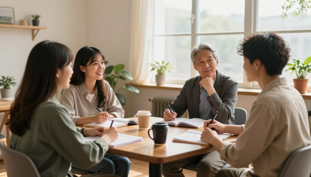 A supportive group of diverse individuals, consisting of three peers and one mentor, gathered in a cozy, sunlit room with warm wood tones and motivational decor. In the foreground, two peers are engaged in an encouraging conversation, smiling and exchanging ideas, while the mentor, in professional attire, observes thoughtfully, ready to provide guidance. The middle ground showcases a table with study materials and comforting items like coffee mugs and potted plants, enhancing the atmosphere of collaboration and support. The background features large windows allowing soft, natural light to flood the space, casting gentle shadows and creating a serene ambiance. The overall mood is one of positivity, encouragement, and empowerment, conveying the essence of building self-esteem through community.
