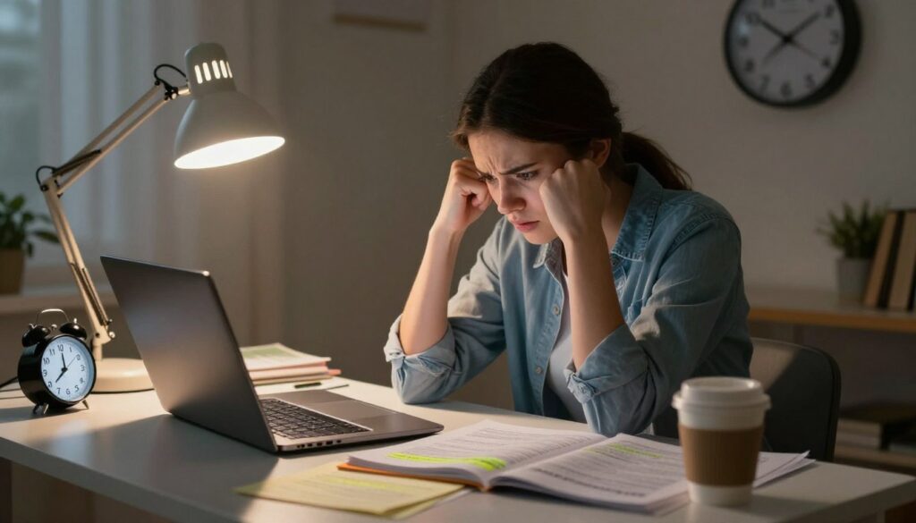 A tense, anxious scene of a nursing student seated at a desk, surrounded by NCLEX exam study materials, with a laptop open and a timer counting down nearby. The student, a young adult in modest casual clothing, has a furrowed brow and clenched fists, capturing a moment of anxiety. In the foreground, various notes and textbooks are scattered, some with highlighted text, while a cup of coffee sits precariously on the edge of the desk. The middle ground features a soft glow from a desk lamp illuminating the student’s worried expression. In the background, a wall clock ticks loudly, indicating the pressure of time. The overall atmosphere is one of overwhelming tension, with warm lighting to create an intimate study space that feels both focused and stressful.