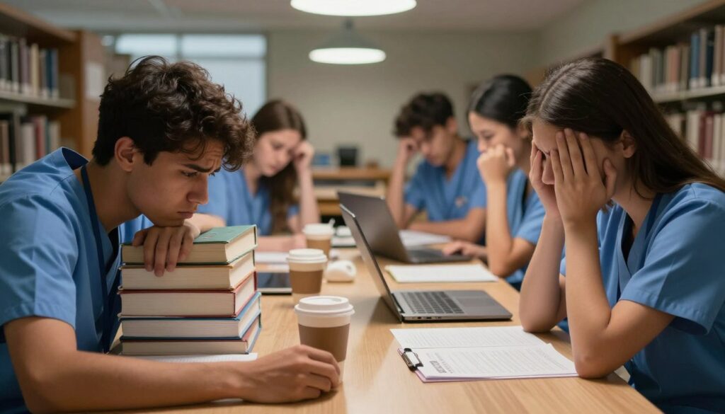 A tense study environment depicting a group of nursing students sitting at a table fraught with anxiety as they prepare for the NCLEX exam. In the foreground, a student leans heavily on a stack of textbooks, their expression one of worry, with furrowed brows and clasped hands. In the middle ground, other students are scattered around the table, their notes and laptops open, visibly stressed, and surrounded by empty coffee cups. The background shows a dimly lit library with shadows cast by flickering overhead lights, creating an atmosphere of pressure. The overall mood should convey a sense of urgency and tension, emphasizing the impact of anxiety and stress in high-stakes testing situations, while utilizing a soft focus lens to create a dreamlike quality in the scene. A tense study environment depicting a group of nursing students sitting at a table fraught with anxiety as they prepare for the NCLEX exam. In the foreground, a student leans heavily on a stack of textbooks, their expression one of worry, with furrowed brows and clasped hands. In the middle ground, other students are scattered around the table, their notes and laptops open, visibly stressed, and surrounded by empty coffee cups. The background shows a dimly lit library with shadows cast by flickering overhead lights, creating an atmosphere of pressure. The overall mood should convey a sense of urgency and tension, emphasizing the impact of anxiety and stress in high-stakes testing situations, while utilizing a soft focus lens to create a dreamlike quality in the scene.
