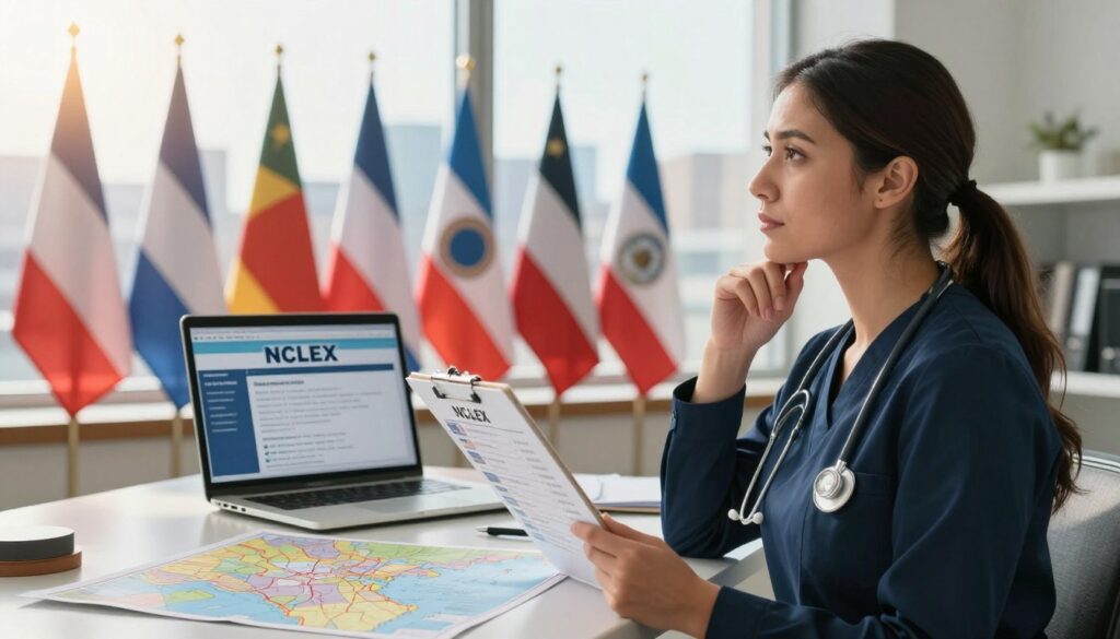 A thought-provoking scene portraying an international nurse contemplating the best state to take the NCLEX exam. In the foreground, the nurse, dressed in professional business attire, holds a clipboard with various state options and looks thoughtfully at a map spread out on a table. The middle ground features a laptop displaying information about NCLEX requirements, surrounded by colorful state flags. In the background, a window showcases a bright, sunny day with a city skyline, symbolizing hope and opportunity. The lighting is warm and inviting, creating an atmosphere of determination and optimism. The angle captures the nurse's focused expression, emphasizing the importance of this decision in their journey to becoming a registered nurse in the United States. A thought-provoking scene portraying an international nurse contemplating the best state to take the NCLEX exam. In the foreground, the nurse, dressed in professional business attire, holds a clipboard with various state options and looks thoughtfully at a map spread out on a table. The middle ground features a laptop displaying information about NCLEX requirements, surrounded by colorful state flags. In the background, a window showcases a bright, sunny day with a city skyline, symbolizing hope and opportunity. The lighting is warm and inviting, creating an atmosphere of determination and optimism. The angle captures the nurse's focused expression, emphasizing the importance of this decision in their journey to becoming a registered nurse in the United States.