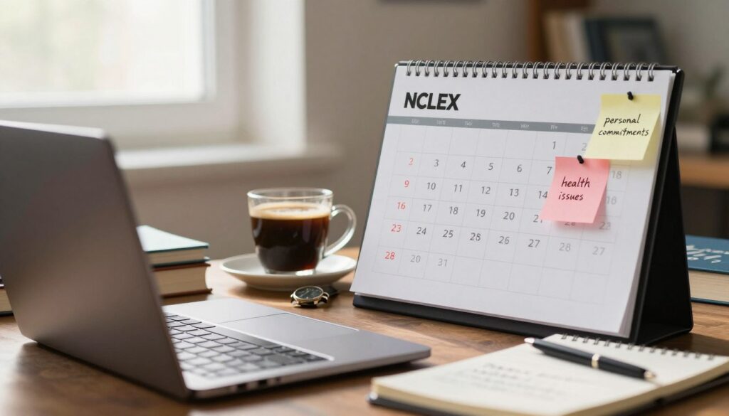 A thoughtful and contemplative scene in a cozy study environment, highlighting a calendar prominently displaying the NCLEX exam date highlighted in red, with a few post-it notes around it indicating various reasons for rescheduling such as "personal commitments" and "health issues." In the foreground, a laptop is open with the NCLEX website visible, surrounded by a stack of nursing textbooks. The middle ground includes a cup of coffee, a watch, and a notepad with handwritten notes. The background features soft, diffused sunlight filtering through a window, creating a warm and focused atmosphere. The overall mood is one of reflection and decision-making, devoid of distractions.