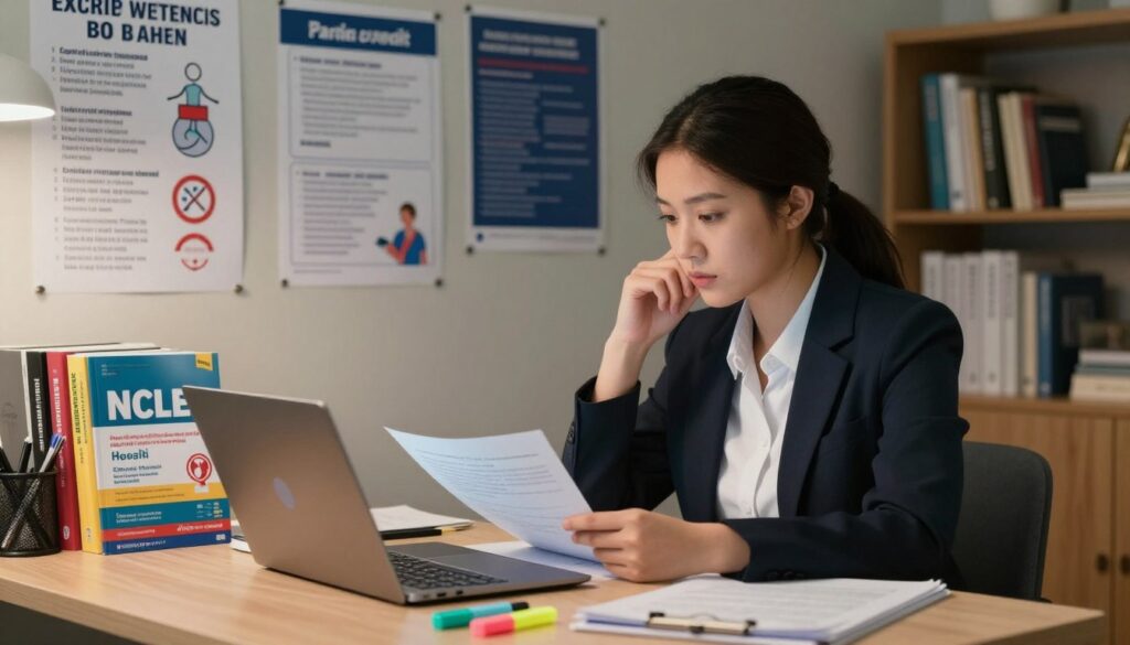 A thoughtful scene depicting a nursing student in a professional setting, deeply focused on studying for the NCLEX exam. In the foreground, a young adult of Asian descent, dressed in a formal business outfit, sits at a desk cluttered with NCLEX study guides and a laptop, surrounded by notes and colorful highlighters. The middle layer includes a wall covered with nursing-related posters and infographics about exam strategies, emphasizing the concept of partial credit. Soft, warm lighting enhances the environment, hinting at a sense of determination and hopefulness. The background features a cozy study room with bookshelves filled with textbooks, creating an inviting and studious atmosphere. The overall mood is one of concentration and ambition, inspiring respect for the nursing profession and the examination process. A thoughtful scene depicting a nursing student in a professional setting, deeply focused on studying for the NCLEX exam. In the foreground, a young adult of Asian descent, dressed in a formal business outfit, sits at a desk cluttered with NCLEX study guides and a laptop, surrounded by notes and colorful highlighters. The middle layer includes a wall covered with nursing-related posters and infographics about exam strategies, emphasizing the concept of partial credit. Soft, warm lighting enhances the environment, hinting at a sense of determination and hopefulness. The background features a cozy study room with bookshelves filled with textbooks, creating an inviting and studious atmosphere. The overall mood is one of concentration and ambition, inspiring respect for the nursing profession and the examination process.