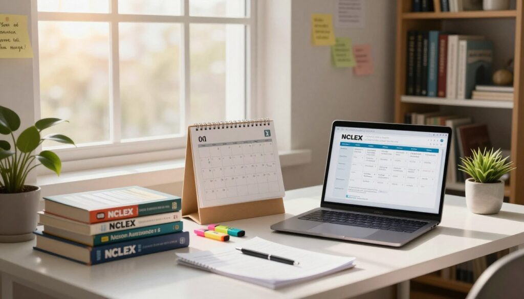 A thoughtful, serene scene depicting a study space dedicated to preparing for the NCLEX exam, conveying a mood of focus and determination. In the foreground, a neatly arranged desk with a stack of NCLEX review books, colorful highlighters, and a laptop displaying study materials. Prominently featured is a calendar marking retake dates and study schedules, symbolizing planning and persistence. The middle ground displays an open window letting in soft, warm sunlight, illuminating motivational quotes on sticky notes adhered to the wall. In the background, a bookshelf filled with nursing textbooks and a peaceful indoor plant adds a sense of calm and positivity. The lighting is soft and inviting, creating an encouraging atmosphere for exam preparation. The angle is slightly angled from above, highlighting the organized study area. A thoughtful, serene scene depicting a study space dedicated to preparing for the NCLEX exam, conveying a mood of focus and determination. In the foreground, a neatly arranged desk with a stack of NCLEX review books, colorful highlighters, and a laptop displaying study materials. Prominently featured is a calendar marking retake dates and study schedules, symbolizing planning and persistence. The middle ground displays an open window letting in soft, warm sunlight, illuminating motivational quotes on sticky notes adhered to the wall. In the background, a bookshelf filled with nursing textbooks and a peaceful indoor plant adds a sense of calm and positivity. The lighting is soft and inviting, creating an encouraging atmosphere for exam preparation. The angle is slightly angled from above, highlighting the organized study area.