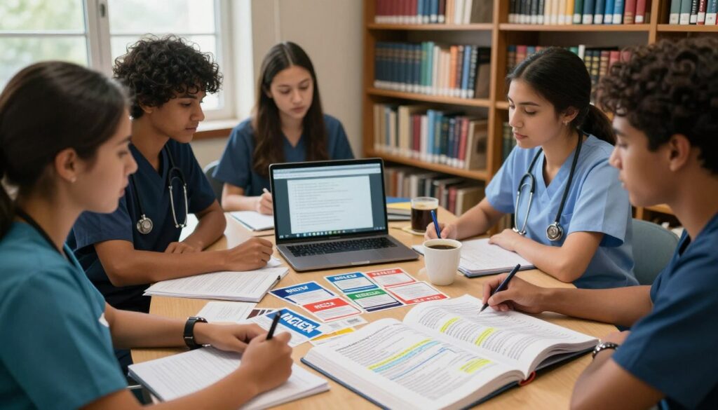 A thoughtful study environment showcasing the most missed NCLEX questions. In the foreground, a diverse group of nursing students, dressed in professional attire, intensely discussing a large open book filled with highlighted notes and exam questions. The middle ground features a detailed table scattered with NCLEX flashcards, a laptop displaying a practice quiz, and a cup of coffee, symbolizing focus and determination. In the background, a well-lit library shelf lined with nursing textbooks, emphasizing knowledge and study. Soft, natural lighting filters through a window, creating a warm and inviting atmosphere that blends concentration and camaraderie among future nurses, embodying the essence of common subjects that trip up test takers.