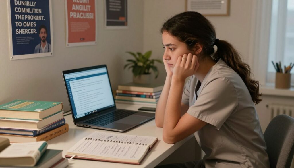A thoughtful young woman in a neutral-colored nursing uniform sits at a study desk cluttered with textbooks and nursing study guides, reflecting a moment of contemplation. In the foreground, a notebook lies open with scribbled notes, emphasizing her struggle and dedication. In the middle, a laptop displays NCLEX practice questions, symbolizing her hopes. The background features a cozy, well-lit room with motivational posters about perseverance on the walls, creating an encouraging atmosphere. Soft, warm lighting enhances the scene's comforting mood, suggesting a journey of resilience. The angle captures both her expression and the desk's clutter, representing the challenges of nursing school performance and its impact on her future aspirations.