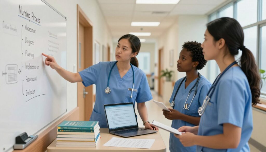A tranquil healthcare setting showcasing a diverse group of three nurses in professional attire engaged in a collaborative discussion. In the foreground, a nurse in scrubs points to a whiteboard filled with the nursing process outline, including assessment, diagnosis, planning, implementation, and evaluation. The middle ground features a table with nursing textbooks, charts, and a laptop displaying NCLEX prioritization questions. In the background, a warm, well-lit hospital corridor gives a sense of environment. Soft, natural lighting filters through large windows, emphasizing the professionalism and focus. The mood is one of teamwork and knowledge-sharing, highlighting the importance of prioritization in nursing practice.