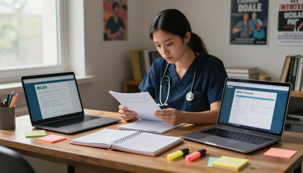 A tranquil study environment showcasing a personalized study plan for NCLEX score improvement. In the foreground, a wooden desk is adorned with colorful sticky notes, a neatly organized planner, and highlighters. A laptop displaying a study app is open. In the middle ground, a focused nursing student, dressed in professional attire, is intently reviewing notes, illuminated by soft, natural light filtering through a nearby window. The background features a shelf filled with nursing textbooks and motivational posters. The atmosphere is calm and productive, conveying a sense of determination and focus, ideal for effective learning. The composition should emphasize clarity and organization, with subtle shadows to enhance depth.