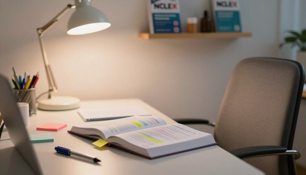 A tranquil study scene depicting a professional setting for NCLEX content review. In the foreground, a well-organized desk is adorned with an open NCLEX prep book featuring highlighted sections, colorful sticky notes, and a few neatly arranged pens. A comfortable study chair sits invitingly next to the desk. In the middle ground, a soft glow from a desk lamp illuminates the pages, casting gentle shadows that enhance the detail of the book. In the background, a wall-mounted shelf displays additional NCLEX resources and nursing-related decorative items, creating a sense of purpose and study. The atmosphere is focused and motivational, with warm, soft lighting to encourage concentration and productivity. Capture this scene with a slight depth of field to emphasize the desk while softly blurring the background.