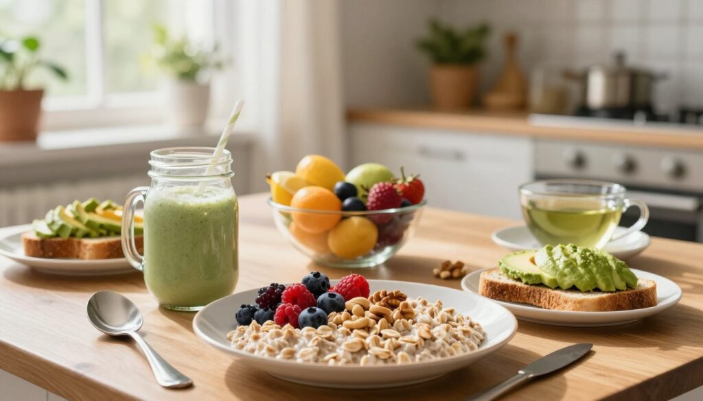 A vibrant breakfast table set before a sunny window, filled with an array of foods that enhance cognitive function. In the foreground, a well-organized plate features oatmeal topped with fresh berries and nuts, a smoothie in a glass jar, and whole grain toast with avocado. The middle ground showcases a bowl of mixed fruit and a cup of green tea, emphasizing a healthy, energizing atmosphere. The background is softly blurred, revealing an inviting kitchen with plants and light filtering through sheer curtains, creating a warm, focused mood. The scene should evoke a sense of calm and readiness, perfect for a crucial exam day. Use natural light to highlight the textures and colors of the food, captured from a slightly elevated angle for a comprehensive view. A vibrant breakfast table set before a sunny window, filled with an array of foods that enhance cognitive function. In the foreground, a well-organized plate features oatmeal topped with fresh berries and nuts, a smoothie in a glass jar, and whole grain toast with avocado. The middle ground showcases a bowl of mixed fruit and a cup of green tea, emphasizing a healthy, energizing atmosphere. The background is softly blurred, revealing an inviting kitchen with plants and light filtering through sheer curtains, creating a warm, focused mood. The scene should evoke a sense of calm and readiness, perfect for a crucial exam day. Use natural light to highlight the textures and colors of the food, captured from a slightly elevated angle for a comprehensive view.