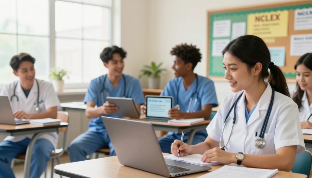 A vibrant classroom setting filled with diverse nursing students engaged in learning, representing popular TikTok educators specializing in NCLEX exam preparation. In the foreground, a well-dressed female nursing student reviews notes on a laptop, while in the middle ground, two students interact enthusiastically, sharing tablets that display study tips. The background features a bulletin board covered with colorful NCLEX resources and a large window letting in bright, natural light. The scene is lively and energetic, reflecting the collaborative spirit of TikTok education. The mood is focused yet approachable, with soft, warm lighting to create an inviting atmosphere, capturing the essence of effective study techniques shared on TikTok without any distractions.