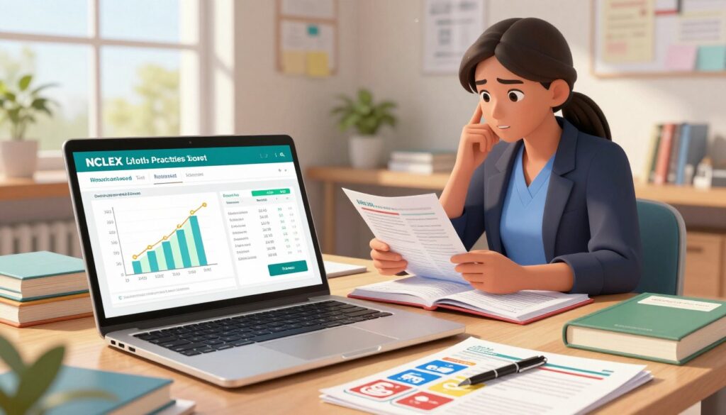 A vibrant, detailed illustration depicting a realistic NCLEX UWorld practice test score result on a computer screen. In the foreground, a sleek laptop displays a colorful, detailed score report with graphs and statistics, emphasizing a high score. Surrounding the laptop, study materials like flashcards and textbooks are neatly arranged. In the middle ground, a focused nursing student in professional business attire analyzes the results, with a look of determination and hope. The background features a well-organized study space illuminated by natural light streaming in through a window, creating a warm, motivational atmosphere. The image captures a sense of achievement and ambition, illustrating the journey toward passing the NCLEX exam.