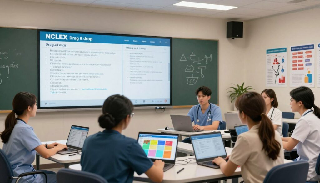 A vibrant, educational scene illustrating NCLEX drag and drop questions in a professional context. In the foreground, a diverse group of nursing students, dressed in modest professional attire, sit at desks engaged in a collaborative study session with laptops open, displaying colorful drag-and-drop interfaces. The middle ground features large, clear digital screens showing sample drag-and-drop questions with various nursing scenarios. The background includes a well-lit modern classroom filled with educational posters related to nursing, creating an inspiring atmosphere. Soft, warm lighting illuminates the space, and the composition is shot at an eye-level angle, inviting viewers into the learning experience, evoking a sense of focus and collaboration among future nurses. A vibrant, educational scene illustrating NCLEX drag and drop questions in a professional context. In the foreground, a diverse group of nursing students, dressed in modest professional attire, sit at desks engaged in a collaborative study session with laptops open, displaying colorful drag-and-drop interfaces. The middle ground features large, clear digital screens showing sample drag-and-drop questions with various nursing scenarios. The background includes a well-lit modern classroom filled with educational posters related to nursing, creating an inspiring atmosphere. Soft, warm lighting illuminates the space, and the composition is shot at an eye-level angle, inviting viewers into the learning experience, evoking a sense of focus and collaboration among future nurses.