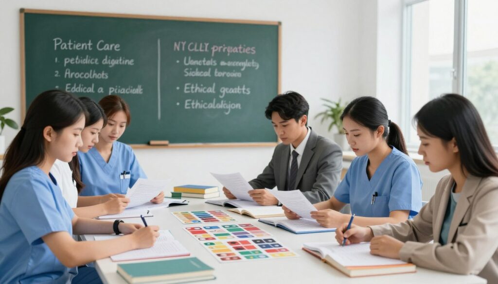 A vibrant, educational scene themed around NCLEX preparation strategies. In the foreground, a diverse group of nursing students focuses intently on study materials, sitting at a large table filled with textbooks, notes, and colorful flashcards. Each student is dressed in professional business attire, exuding determination and collaboration. In the middle ground, a large chalkboard displays key nursing principles, such as patient care, medication administration, and ethical guidelines, written in clear, eye-catching chalk. The background features bright, natural lighting streaming through large windows, creating an uplifting and motivational atmosphere. Capture the essence of camaraderie and dedication, with a depth of field focusing on the students while gently blurring the background elements for emphasis. A vibrant, educational scene themed around NCLEX preparation strategies. In the foreground, a diverse group of nursing students focuses intently on study materials, sitting at a large table filled with textbooks, notes, and colorful flashcards. Each student is dressed in professional business attire, exuding determination and collaboration. In the middle ground, a large chalkboard displays key nursing principles, such as patient care, medication administration, and ethical guidelines, written in clear, eye-catching chalk. The background features bright, natural lighting streaming through large windows, creating an uplifting and motivational atmosphere. Capture the essence of camaraderie and dedication, with a depth of field focusing on the students while gently blurring the background elements for emphasis.