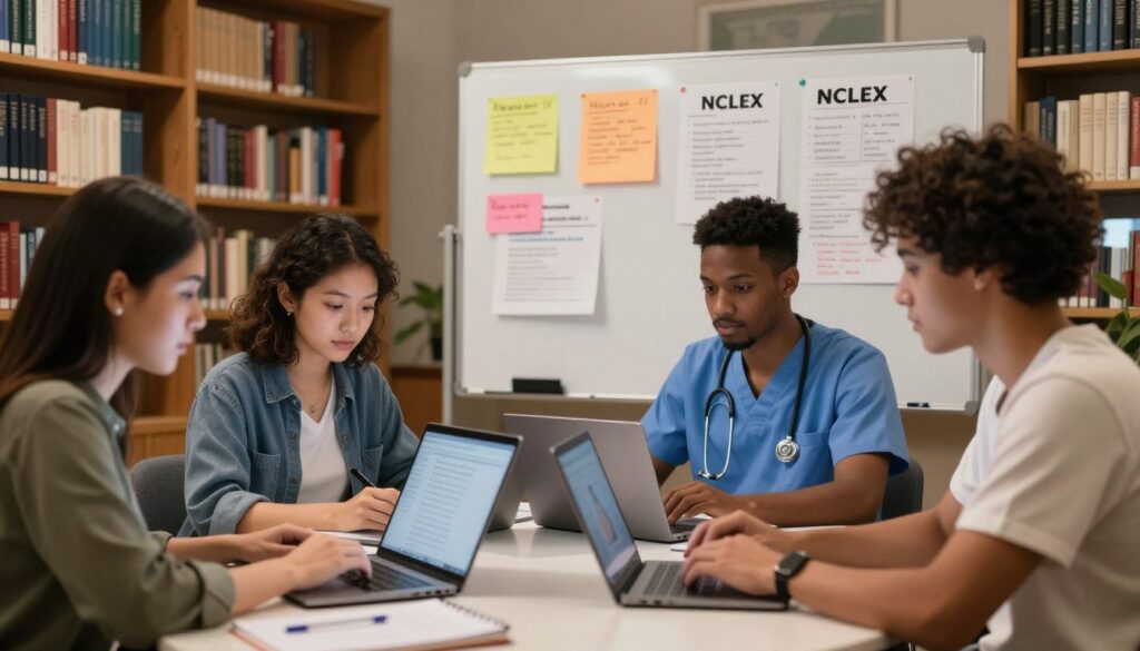 A vibrant, engaging study scene showcasing a diverse group of nursing students actively engaging in a virtual NCLEX preparation session. In the foreground, three students, two women of different ethnicities and one man, are seated at a table with laptops open, focused on their screens, wearing professional casual attire. In the middle ground, a whiteboard or bulletin board filled with colorful notes and study guides about NCLEX resources can be seen. The background highlights a cozy library setting with bookshelves lined with nursing textbooks, soft ambient lighting creating a warm, inviting atmosphere. The overall mood is collaborative and supportive, reflecting online community engagement through shared resources. The angle captures the energy of the group, emphasizing teamwork in achieving NCLEX success.