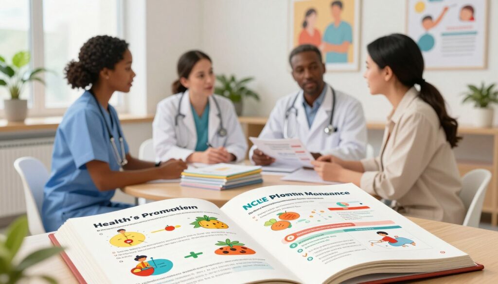 A vibrant illustration depicting key NCLEX exam topics related to "Health Promotion and Maintenance." In the foreground, include an open textbook with colorful diagrams showcasing health charts, nutritional information, and preventive care strategies. In the middle ground, feature diverse healthcare professionals—a nurse, a dietitian, and a health educator—engaging in discussion around a stack of patient education materials. The background should show a bright, modern clinic environment with plants and motivational posters emphasizing wellness and preventative health. Use warm, natural lighting to create a welcoming atmosphere, shot with a soft-focus lens to emphasize the interaction of the professionals while maintaining a clear view of the educational materials. The scene conveys motivation, professionalism, and collaboration in healthcare.