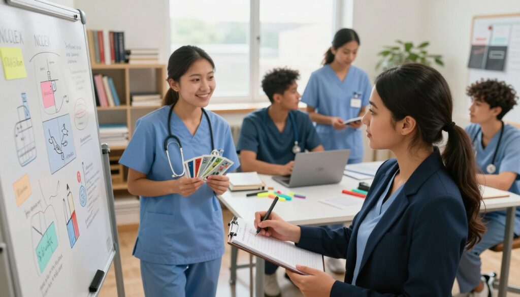 A vibrant study scene featuring a diverse group of nursing students engaged in active learning techniques. In the foreground, a focused student in professional business attire is jotting notes on a whiteboard filled with colorful diagrams and nursing concepts. The middle ground shows another student using flashcards, while a third student collaborates with peers on a laptop, engaging in an animated discussion. The background captures a well-lit study space filled with books, nursing textbooks, and a study table cluttered with highlighters and notebooks. Soft, natural light streams in through a window, creating an inviting and inspirational atmosphere. The overall mood is one of motivation and teamwork, inspiring a strong sense of purpose and dedication to mastering NCLEX material.