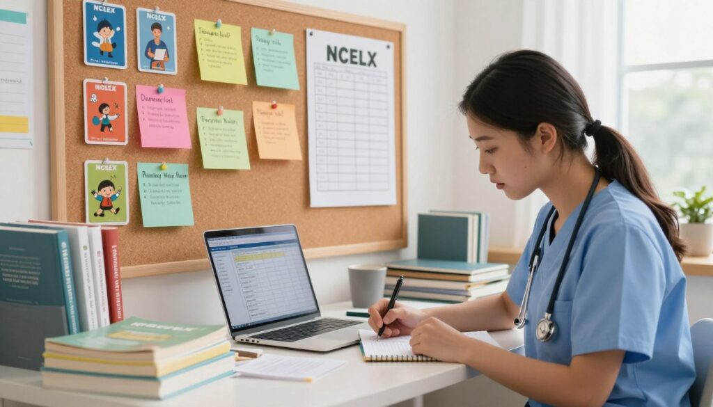 A vibrant study space filled with NCLEX study materials, such as flashcards, textbooks, and a laptop displaying a study schedule. In the foreground, a diligent nursing student in professional attire is seated at a desk, actively reviewing notes and taking notes with a focused expression. The middle ground features a large, well-organized corkboard filled with colorful study tips and timelines. In the background, a window allowing natural light to stream in, creating a warm and inviting atmosphere. The scene is designed to convey motivation and effective learning techniques. The lighting is bright yet soft, emphasizing clarity and focus, with a slight depth of field to highlight the student and study materials while subtly blurring the background. A vibrant study space filled with NCLEX study materials, such as flashcards, textbooks, and a laptop displaying a study schedule. In the foreground, a diligent nursing student in professional attire is seated at a desk, actively reviewing notes and taking notes with a focused expression. The middle ground features a large, well-organized corkboard filled with colorful study tips and timelines. In the background, a window allowing natural light to stream in, creating a warm and inviting atmosphere. The scene is designed to convey motivation and effective learning techniques. The lighting is bright yet soft, emphasizing clarity and focus, with a slight depth of field to highlight the student and study materials while subtly blurring the background.