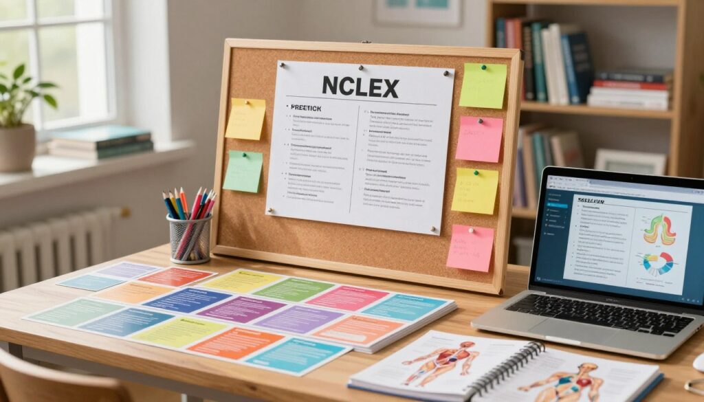 A vibrant study space filled with a variety of visual aids for NCLEX preparation. In the foreground, a wooden desk neatly arranged with colorful flashcards, diagrams of anatomy, and a laptop displaying educational graphics. In the middle, a chart pinned to a corkboard showing crucial nursing concepts, surrounded by sticky notes in bright colors. The background features a soft-focus bookshelf filled with nursing textbooks and educational resources, with natural sunlight filtering through a window, creating a warm and inviting atmosphere. Capture the scene from a slightly elevated angle, emphasizing the organized study materials while preserving an overall feeling of motivation and focus in preparation for the NCLEX exam. A vibrant study space filled with a variety of visual aids for NCLEX preparation. In the foreground, a wooden desk neatly arranged with colorful flashcards, diagrams of anatomy, and a laptop displaying educational graphics. In the middle, a chart pinned to a corkboard showing crucial nursing concepts, surrounded by sticky notes in bright colors. The background features a soft-focus bookshelf filled with nursing textbooks and educational resources, with natural sunlight filtering through a window, creating a warm and inviting atmosphere. Capture the scene from a slightly elevated angle, emphasizing the organized study materials while preserving an overall feeling of motivation and focus in preparation for the NCLEX exam.