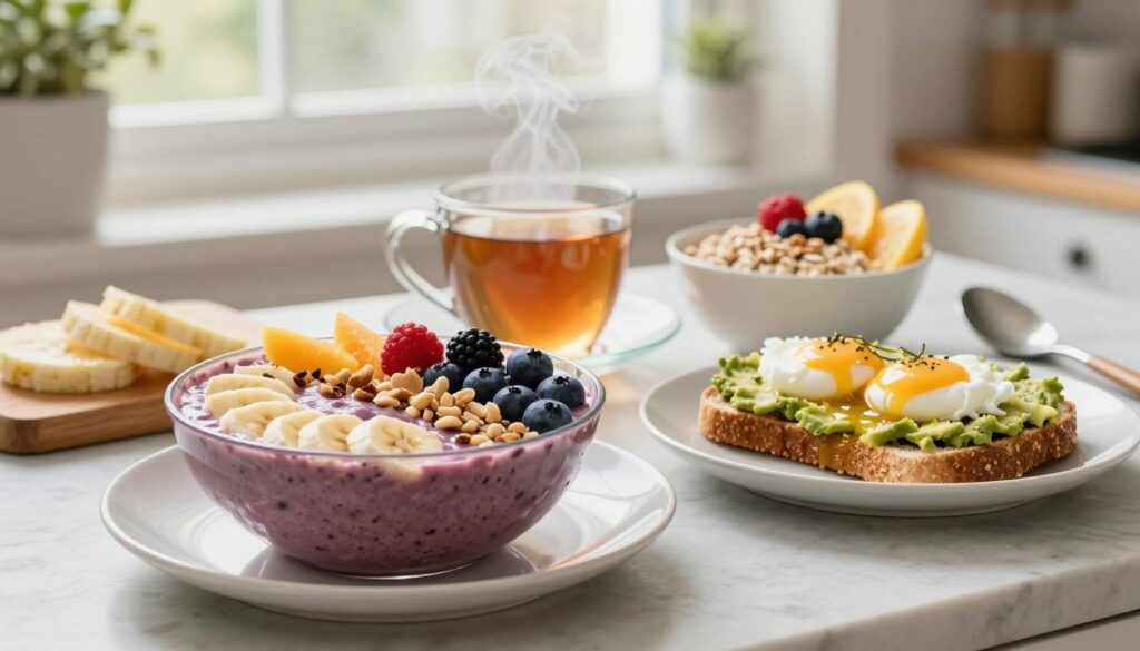 A visually appealing breakfast spread designed to enhance focus for NCLEX exam candidates. In the foreground, a neatly arranged plate features a colorful smoothie bowl topped with fresh fruits like bananas, berries, and a sprinkle of nuts. Beside it, whole grain avocado toast with poached eggs adds a hearty touch. In the middle ground, a warm cup of herbal tea steams gently, while a bowl of oatmeal with honey and more fruit sits invitingly. The background showcases a softly lit kitchen setting with natural light streaming through a window, creating a calm and motivating atmosphere. The overall composition is bright and fresh, evoking a sense of health and preparation, perfect for students gearing up for an important exam. A visually appealing breakfast spread designed to enhance focus for NCLEX exam candidates. In the foreground, a neatly arranged plate features a colorful smoothie bowl topped with fresh fruits like bananas, berries, and a sprinkle of nuts. Beside it, whole grain avocado toast with poached eggs adds a hearty touch. In the middle ground, a warm cup of herbal tea steams gently, while a bowl of oatmeal with honey and more fruit sits invitingly. The background showcases a softly lit kitchen setting with natural light streaming through a window, creating a calm and motivating atmosphere. The overall composition is bright and fresh, evoking a sense of health and preparation, perfect for students gearing up for an important exam.