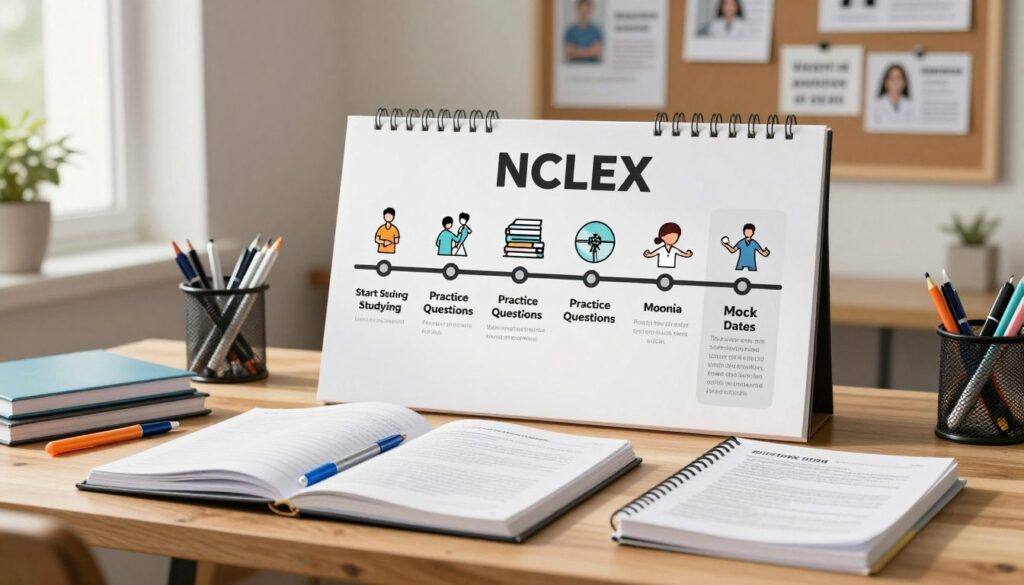 A visually appealing study timeline for preparing for the NCLEX exam, prominently displayed on a wooden desk. In the foreground, open notebooks, colored pens, and a nursing textbook showcase study materials. The middle ground features a clearly organized timeline chart with key milestones like "Start Studying," "Practice Questions," and "Mock Exam Dates," all illustrated with small icons for each phase. The background displays a wall with a bulletin board filled with motivational quotes and images related to nursing. Soft, natural lighting streams in from a nearby window, creating a warm and inviting atmosphere. The image captures a sense of focus and determination, ideal for nursing students planning their study schedule.