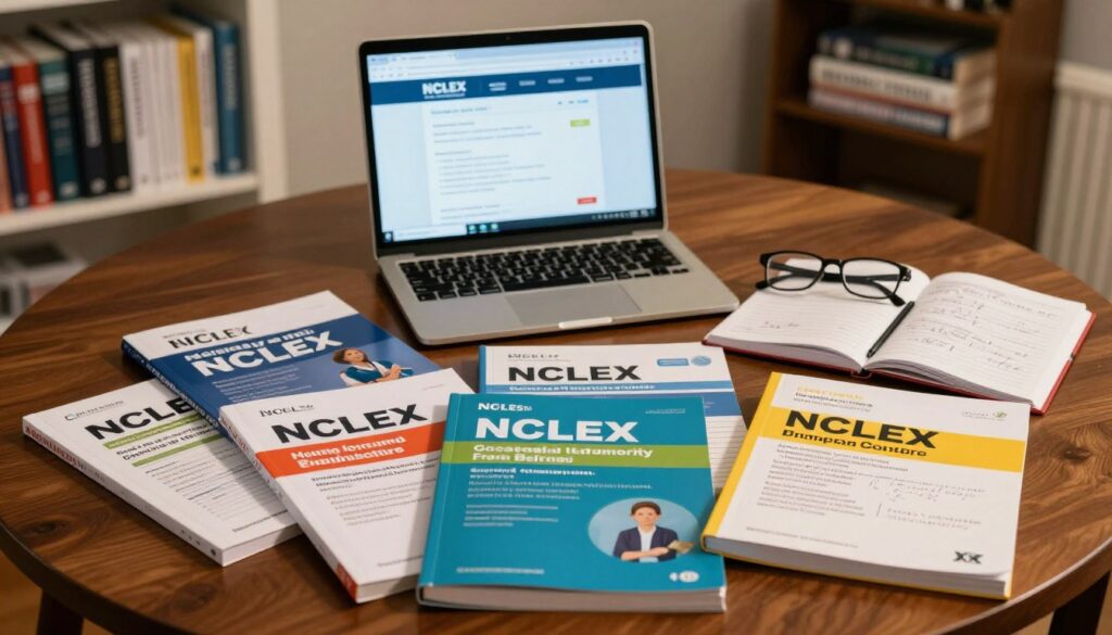 A visually appealing tabletop scene featuring a variety of NCLEX study guides neatly organized. In the foreground, several colorful study guides are scattered, displaying distinct titles and vibrant covers related to nursing and NCLEX exam preparation. The middle ground features an open laptop showing a study website, along with a pair of glasses resting on an open notebook filled with handwritten notes. In the background, a softly lit bookshelf displays additional nursing textbooks, creating an academic atmosphere. The scene is illuminated by warm, ambient lighting, highlighting the textures of the paper and the polished wooden table. The overall mood is focused and studious, inspiring motivation and dedication to learning for aspiring nurses.