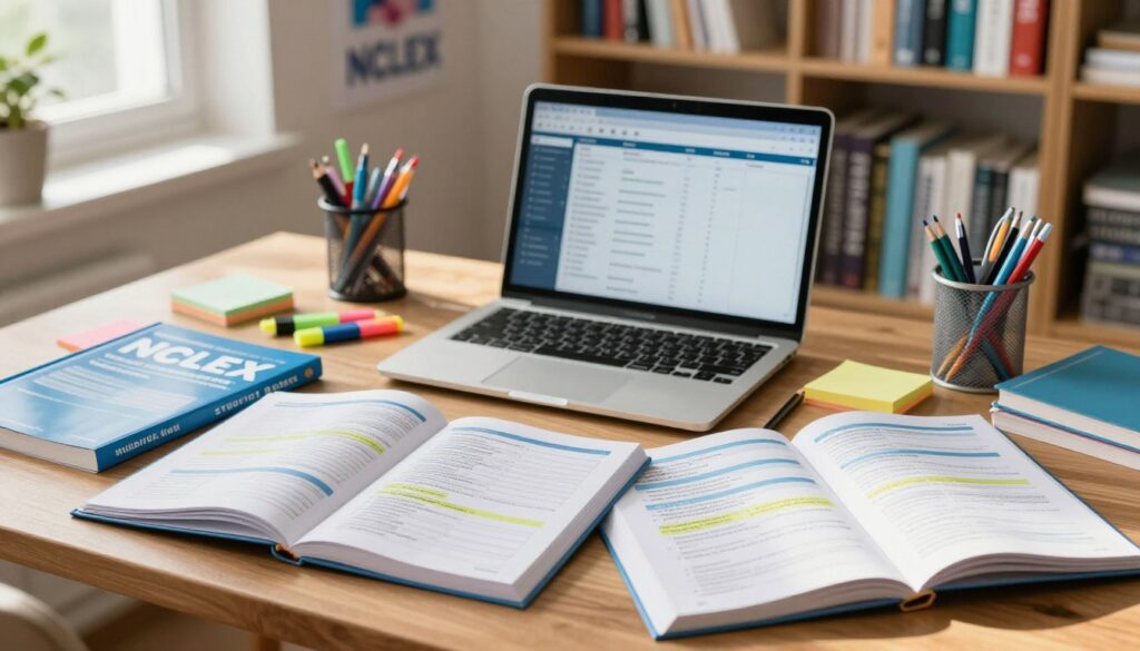 A visually appealing workspace scene featuring a variety of colorful NCLEX study guides neatly arranged on a wooden desk. In the foreground, focus on several open guides, showcasing detailed charts and highlighted text. The middle layer includes a laptop displaying a study schedule, surrounded by stationery such as highlighters, sticky notes, and a cup of pens. The background features a softly blurred bookshelf filled with nursing textbooks and motivational posters. Natural light streams in from a nearby window, creating a warm and inviting atmosphere, emphasizing productivity and focus. The mood is motivational and supportive, ideal for exam preparation, without any text or distracting elements.