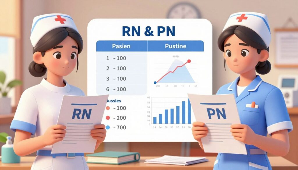 A visually compelling illustration showing the variances between RN and PN exams, with a clear focus on passing criteria. In the foreground, two nurses in professional attire, one holding an RN exam paper and the other a PN exam paper, both displaying focused expressions. In the middle ground, a detailed chart comparing the passing requirements, with numeric thresholds, visual distinctions, and graphs. The background features a soft-focus classroom setting, with educational materials - textbooks and nursing devices - symbolizing a learning environment. Warm, diffused lighting creates a motivating atmosphere, inviting viewers to reflect on the importance of understanding these distinctions. The overall mood is professional and educational, emphasizing clarity and focus on the passing criteria for NCLEX exams. A visually compelling illustration showing the variances between RN and PN exams, with a clear focus on passing criteria. In the foreground, two nurses in professional attire, one holding an RN exam paper and the other a PN exam paper, both displaying focused expressions. In the middle ground, a detailed chart comparing the passing requirements, with numeric thresholds, visual distinctions, and graphs. The background features a soft-focus classroom setting, with educational materials - textbooks and nursing devices - symbolizing a learning environment. Warm, diffused lighting creates a motivating atmosphere, inviting viewers to reflect on the importance of understanding these distinctions. The overall mood is professional and educational, emphasizing clarity and focus on the passing criteria for NCLEX exams.