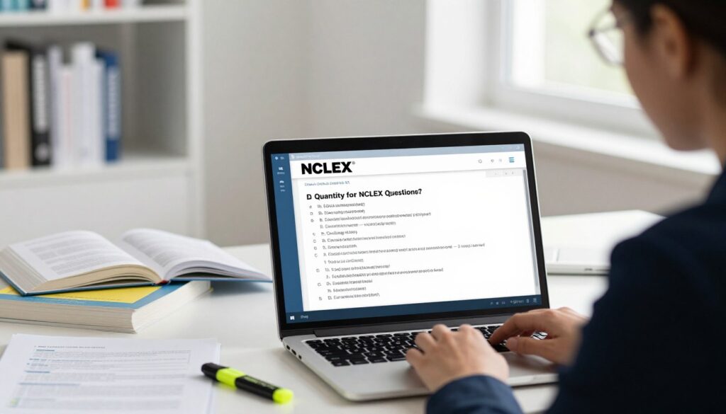 A visually compelling image depicting a professional setting focused on the NCLEX exam. In the foreground, an open laptop displays a series of NCLEX-style questions on the screen, with a person in professional business attire intently studying nearby. The middle ground features a desk scattered with study materials, including textbooks and highlighters, symbolizing preparation. In the background, a clean, well-lit room with a bookshelf filled with nursing textbooks emphasizes an academic atmosphere. Soft, natural lighting streams in from a window, casting gentle shadows, adding a calm and focused mood. The composition highlights the importance of understanding the quantity of NCLEX questions, inviting viewers to consider various factors influencing the exam structure. A visually compelling image depicting a professional setting focused on the NCLEX exam. In the foreground, an open laptop displays a series of NCLEX-style questions on the screen, with a person in professional business attire intently studying nearby. The middle ground features a desk scattered with study materials, including textbooks and highlighters, symbolizing preparation. In the background, a clean, well-lit room with a bookshelf filled with nursing textbooks emphasizes an academic atmosphere. Soft, natural lighting streams in from a window, casting gentle shadows, adding a calm and focused mood. The composition highlights the importance of understanding the quantity of NCLEX questions, inviting viewers to consider various factors influencing the exam structure.