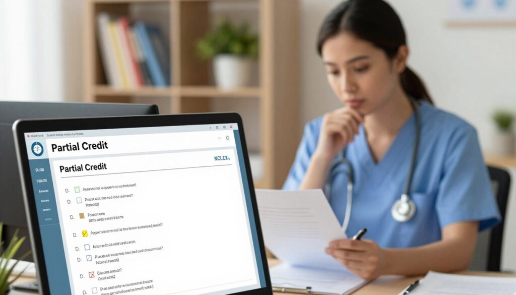 A visually compelling image illustrating the concept of "Partial Credit" in NCLEX examinations. In the foreground, a close-up view of a computer screen showing a digital test interface with highlighted questions and marked answers, indicating areas of partial credit. In the middle ground, a professional-looking nurse in scrubs, thoughtfully reviewing a document with a pen in hand, embodying the focus and diligence of test preparation. The background features a softly lit study environment, including shelves of nursing textbooks and a potted plant, creating a calm and studious atmosphere. Warm, natural lighting enhances the focus on the subjects, providing a sense of determination and professionalism. The angle is slightly elevated, capturing both the digital interface and the engaged professional. A visually compelling image illustrating the concept of "Partial Credit" in NCLEX examinations. In the foreground, a close-up view of a computer screen showing a digital test interface with highlighted questions and marked answers, indicating areas of partial credit. In the middle ground, a professional-looking nurse in scrubs, thoughtfully reviewing a document with a pen in hand, embodying the focus and diligence of test preparation. The background features a softly lit study environment, including shelves of nursing textbooks and a potted plant, creating a calm and studious atmosphere. Warm, natural lighting enhances the focus on the subjects, providing a sense of determination and professionalism. The angle is slightly elevated, capturing both the digital interface and the engaged professional.