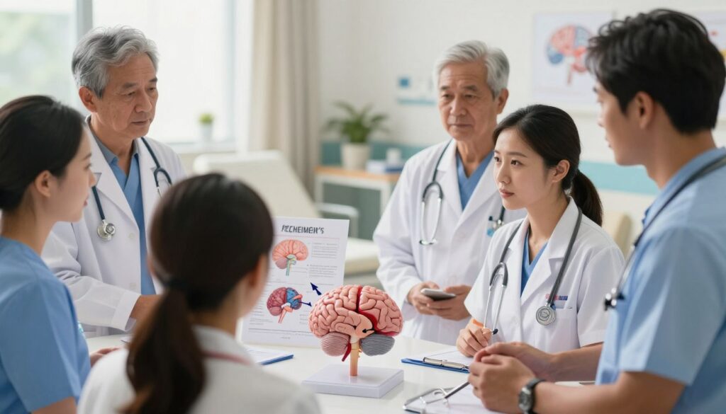 A visually engaging and educational depiction of neurological disorders and diseases commonly tested on the NCLEX exam. In the foreground, a diverse group of healthcare professionals in professional attire, deeply engaged in discussion, surrounded by charts and illustrations of brain anatomy and neurological conditions such as Alzheimer’s, stroke, and multiple sclerosis. In the middle, a detailed anatomical model of a human brain showcasing affected areas, with arrows pointing to specific regions. The background features a softly blurred hospital room setting, bathed in warm, natural light, conveying a sense of importance and urgency. The mood is serious yet hopeful, emphasizing the critical understanding of these disorders. The composition should be shot from a slightly elevated angle, focusing on the interaction and the informative elements present.