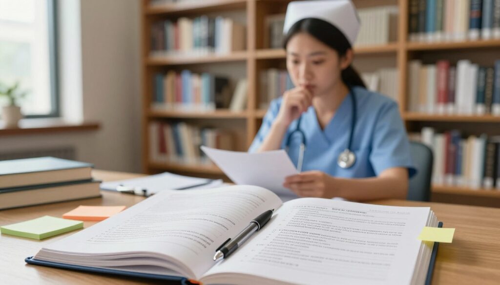 A visually engaging and educational scene illustrating NCLEX clinical judgment questions. In the foreground, an open notebook filled with realistic NCLEX-style questions, neatly written and surrounded by colorful sticky notes and a shining pen. In the middle ground, a professional-looking nurse in business casual attire, focused and pondering over the questions, showcasing a thoughtful expression. The background features a softly blurred library setting with bookshelves filled with nursing textbooks, hinting at study materials. Soft, natural lighting streams in from a nearby window, creating a calm and intellectual atmosphere. Use a wide-angle lens to emphasize depth, capturing the essence of preparation and critical thinking essential for NCLEX success. A visually engaging and educational scene illustrating NCLEX clinical judgment questions. In the foreground, an open notebook filled with realistic NCLEX-style questions, neatly written and surrounded by colorful sticky notes and a shining pen. In the middle ground, a professional-looking nurse in business casual attire, focused and pondering over the questions, showcasing a thoughtful expression. The background features a softly blurred library setting with bookshelves filled with nursing textbooks, hinting at study materials. Soft, natural lighting streams in from a nearby window, creating a calm and intellectual atmosphere. Use a wide-angle lens to emphasize depth, capturing the essence of preparation and critical thinking essential for NCLEX success.