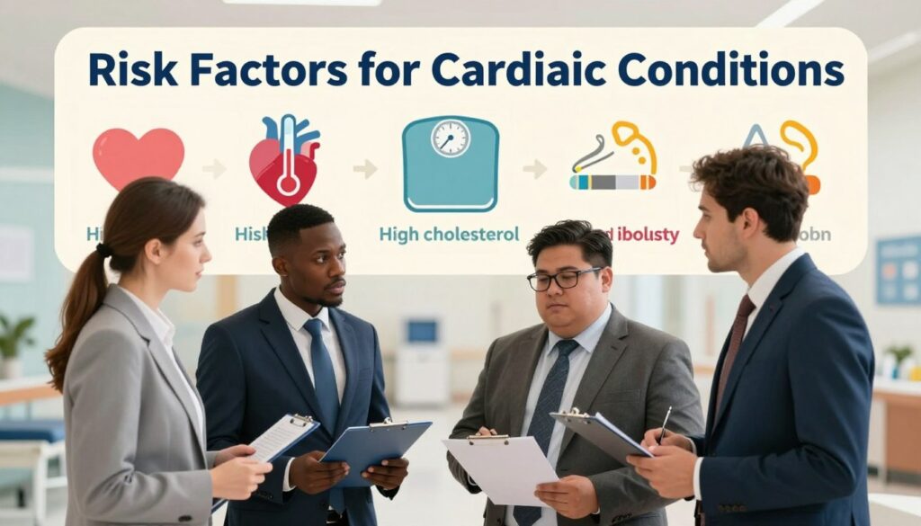 A visually engaging and informative illustration depicting "Risk Factors for Cardiac Conditions." In the foreground, display a diverse group of three professionals in business attire, discussing health risk factors such as high cholesterol, hypertension, obesity, and smoking. They hold clipboards and diagrams. In the middle ground, include detailed infographics highlighting statistics with colorful icons representing each risk factor—like a heart with a thermometer, a scale, and a cigarette. In the background, a subtle depiction of a hospital or clinic environment with soft, warm lighting to create an inviting atmosphere. Use a slightly blurred focus to emphasize the professionals and infographics, creating a sense of depth. The mood is educational and proactive, encouraging awareness about cardiac health.