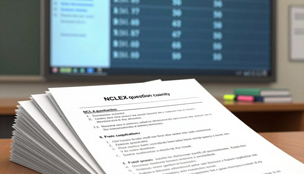 A visually engaging and informative illustration depicting the concept of "NCLEX question quantity." In the foreground, a stack of NCLEX exam papers with clear, distinct question formats visible, arranged neatly to suggest organization and structure. The middle ground features a digital display board showing numerical values, highlighting the maximum number of questions allowed, radiating a sense of clarity and focus. In the background, a shadowy classroom setting with subtle hints of exam preparation items like highlighters and books to create an academic atmosphere. Soft, natural lighting floods the scene, enhancing the thought-provoking mood, with a slight depth of field focus on the examination papers. The overall tone should be professional and inviting, perfect for an educational context. A visually engaging and informative illustration depicting the concept of "NCLEX question quantity." In the foreground, a stack of NCLEX exam papers with clear, distinct question formats visible, arranged neatly to suggest organization and structure. The middle ground features a digital display board showing numerical values, highlighting the maximum number of questions allowed, radiating a sense of clarity and focus. In the background, a shadowy classroom setting with subtle hints of exam preparation items like highlighters and books to create an academic atmosphere. Soft, natural lighting floods the scene, enhancing the thought-provoking mood, with a slight depth of field focus on the examination papers. The overall tone should be professional and inviting, perfect for an educational context.