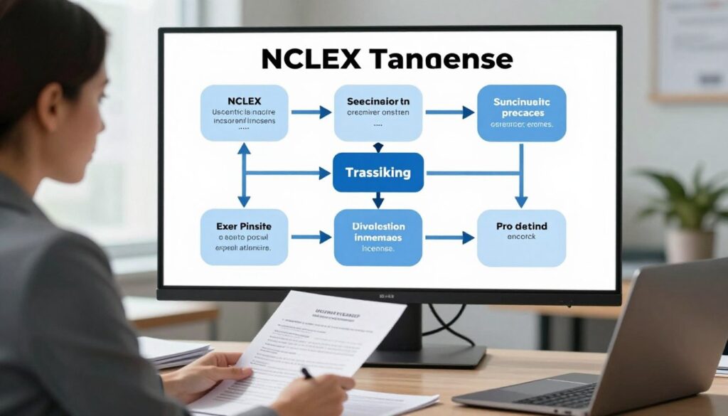A visually engaging and informative illustration depicting the steps to transfer an NCLEX license. In the foreground, a close-up of a professional woman in business attire, thoughtfully reviewing paperwork at a desk, surrounded by neatly organized documents and a laptop. In the middle, a detailed flowchart outlining the transfer process, with arrows connecting each step, prominently displayed on a large screen behind her. The background features a modern office environment with soft natural lighting coming from a window, conveying a sense of professionalism and clarity. The overall mood is focused and helpful, emphasizing the importance of meticulousness in the licensing process.