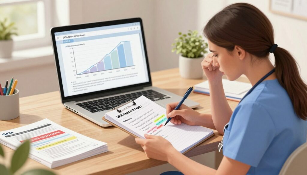 A visually engaging and informative illustration of a nurse sitting at a desk studiously reviewing a notebook filled with notes about the NCLEX exam, specifically focusing on SATA (Select All That Apply) questions. The foreground features the nurse, dressed in professional scrubs, furrowing her brow in concentration as she highlights important information in her notes. In the middle layer, we see a laptop displaying a graph or chart that represents the typical number of SATA questions on the NCLEX, alongside educational materials like flashcards and textbooks. The background should have a warm and inviting study environment, with natural light streaming through a window, creating a focused yet calm atmosphere that emphasizes the seriousness of exam preparation. A visually engaging and informative illustration of a nurse sitting at a desk studiously reviewing a notebook filled with notes about the NCLEX exam, specifically focusing on SATA (Select All That Apply) questions. The foreground features the nurse, dressed in professional scrubs, furrowing her brow in concentration as she highlights important information in her notes. In the middle layer, we see a laptop displaying a graph or chart that represents the typical number of SATA questions on the NCLEX, alongside educational materials like flashcards and textbooks. The background should have a warm and inviting study environment, with natural light streaming through a window, creating a focused yet calm atmosphere that emphasizes the seriousness of exam preparation.