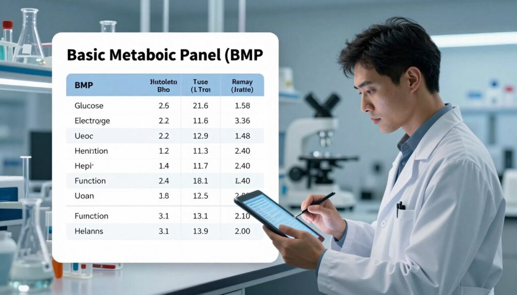 A visually engaging and professional illustration of an important lab values chart specifically focusing on the Basic Metabolic Panel (BMP). In the foreground, capture a clear and crisp display of key BMP lab values, such as glucose, electrolytes, and kidney function metrics, arranged in an organized grid format. In the middle ground, include a scientist or healthcare professional in smart casual attire, meticulously reviewing the data on a digital tablet, reflecting concentration. The background should feature a modern laboratory setting with laboratory equipment, such as beakers and test tubes, softly illuminated by ambient lighting to create a calm and focused atmosphere. Use a slight depth of field to keep the lab values sharp while gently blurring the background, enhancing the focus on the BMP insights. The overall mood should convey professionalism and clarity, emphasizing the importance of these lab values in healthcare. A visually engaging and professional illustration of an important lab values chart specifically focusing on the Basic Metabolic Panel (BMP). In the foreground, capture a clear and crisp display of key BMP lab values, such as glucose, electrolytes, and kidney function metrics, arranged in an organized grid format. In the middle ground, include a scientist or healthcare professional in smart casual attire, meticulously reviewing the data on a digital tablet, reflecting concentration. The background should feature a modern laboratory setting with laboratory equipment, such as beakers and test tubes, softly illuminated by ambient lighting to create a calm and focused atmosphere. Use a slight depth of field to keep the lab values sharp while gently blurring the background, enhancing the focus on the BMP insights. The overall mood should convey professionalism and clarity, emphasizing the importance of these lab values in healthcare.