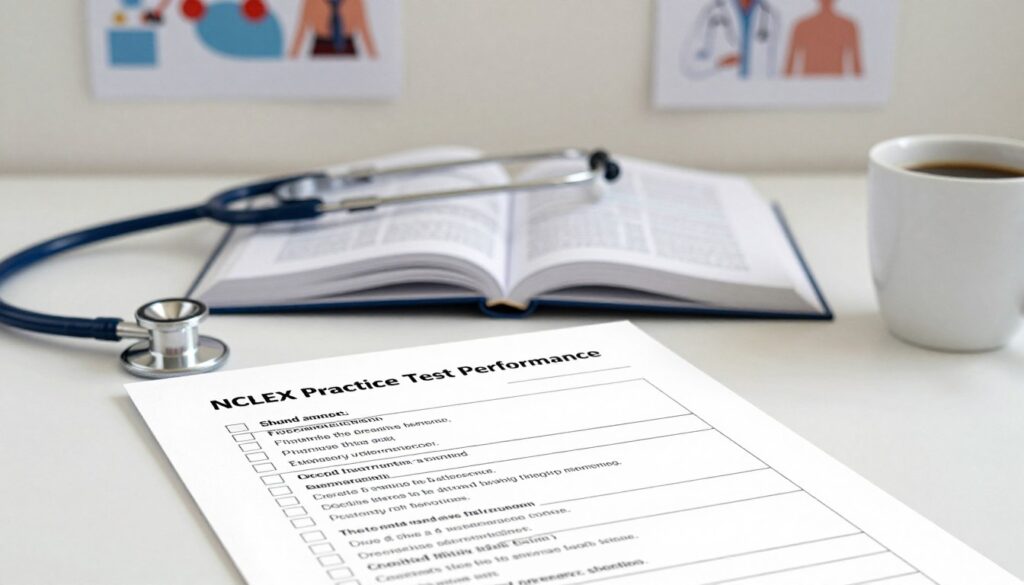 A visually engaging checklist for NCLEX readiness, presented on a clean desk setup with subtle medical themes. In the foreground, a white sheet of paper featuring a detailed checklist titled "NCLEX Practice Test Performance" with checkboxes next to each item, neatly written. In the middle ground, an open textbook and a stethoscope are positioned, along with a cup of coffee, suggesting a study environment. In the background, soft, diffused lighting illuminates a simple wall with educational medical posters, adding a sense of atmosphere. The image evokes a focused and professional mood, ideal for students preparing for their NCLEX exam, emphasizing diligence and preparation without distractions. A visually engaging checklist for NCLEX readiness, presented on a clean desk setup with subtle medical themes. In the foreground, a white sheet of paper featuring a detailed checklist titled "NCLEX Practice Test Performance" with checkboxes next to each item, neatly written. In the middle ground, an open textbook and a stethoscope are positioned, along with a cup of coffee, suggesting a study environment. In the background, soft, diffused lighting illuminates a simple wall with educational medical posters, adding a sense of atmosphere. The image evokes a focused and professional mood, ideal for students preparing for their NCLEX exam, emphasizing diligence and preparation without distractions.