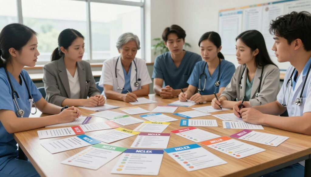 A visually engaging classroom setting focused on NCLEX drag and drop questions. In the foreground, a large wooden table is scattered with colorful flashcards depicting key nursing topics such as medication administration, patient assessment, and care planning. In the middle ground, a diverse group of nursing students, dressed in professional business attire, collaborate while discussing these topics, their expressions showing concentration and engagement. In the background, large windows allow soft natural light to fill the room, creating a bright and inspiring atmosphere. The camera angle is slightly elevated, capturing both the table's details and the students’ interactions. The mood is focused and supportive, reflecting the seriousness and dedication needed for nursing preparation. A visually engaging classroom setting focused on NCLEX drag and drop questions. In the foreground, a large wooden table is scattered with colorful flashcards depicting key nursing topics such as medication administration, patient assessment, and care planning. In the middle ground, a diverse group of nursing students, dressed in professional business attire, collaborate while discussing these topics, their expressions showing concentration and engagement. In the background, large windows allow soft natural light to fill the room, creating a bright and inspiring atmosphere. The camera angle is slightly elevated, capturing both the table's details and the students’ interactions. The mood is focused and supportive, reflecting the seriousness and dedication needed for nursing preparation.