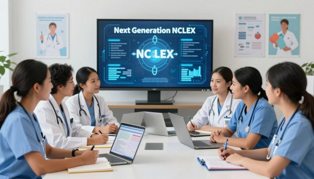 A visually engaging composition depicting the concept of the "Next Generation NCLEX." In the foreground, a diverse group of healthcare professionals in professional attire, including nurses and nursing students, are engaged in a collaborative discussion over a table filled with thoughtful study materials, notebooks, and digital devices showing charts related to the NCLEX. The middle layer includes a large screen displaying futuristic graphs and test-taking strategies, symbolizing the evolution of testing. In the background, a bright and modern classroom setting with educational posters on the walls illustrating key concepts of nursing care and patient safety. The lighting is bright and cheerful, creating an atmosphere of optimism and innovation, enhanced by a soft focus that emphasizes the dynamic interaction of the group.