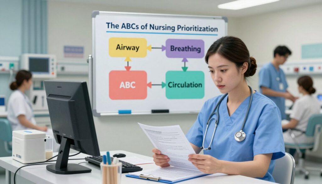A visually engaging composition illustrating "The ABCs of Nursing Prioritization." In the foreground, a nurse in professional scrubs, focused and attentive, is examining patient charts and prioritizing tasks at a hospital workstation filled with medical tools. The middle ground features a colorful whiteboard displaying concise diagrams of the ABC prioritization methods: Airway, Breathing, and Circulation, each section clearly labeled and color-coded. The background shows a busy hospital environment with medical equipment and other healthcare professionals in action, creating a dynamic yet organized atmosphere. Soft, clinical lighting enhances the scene, casting a bright and optimistic tone, while a slightly elevated angle captures the depth of the setting, inviting viewers into the essential world of nursing prioritization. A visually engaging composition illustrating "The ABCs of Nursing Prioritization." In the foreground, a nurse in professional scrubs, focused and attentive, is examining patient charts and prioritizing tasks at a hospital workstation filled with medical tools. The middle ground features a colorful whiteboard displaying concise diagrams of the ABC prioritization methods: Airway, Breathing, and Circulation, each section clearly labeled and color-coded. The background shows a busy hospital environment with medical equipment and other healthcare professionals in action, creating a dynamic yet organized atmosphere. Soft, clinical lighting enhances the scene, casting a bright and optimistic tone, while a slightly elevated angle captures the depth of the setting, inviting viewers into the essential world of nursing prioritization.