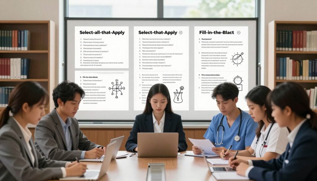 A visually engaging composition illustrating various NCLEX question types, set in an academic environment. In the foreground, a diverse group of nursing students in professional business attire, focused on a study session. The middle layer features a large, clear display board showcasing different question formats: multiple-choice, select-all-that-apply, and fill-in-the-blank, with diagrams and examples visually represented. The background displays bookshelves filled with nursing textbooks and a large window letting in soft, natural daylight, creating a bright and scholarly ambiance. The overall mood is one of concentration and determination, emphasizing the analytical aspect of preparing for the NCLEX exam. Use soft, warm lighting to enhance the atmosphere of academic pursuit and collaboration.