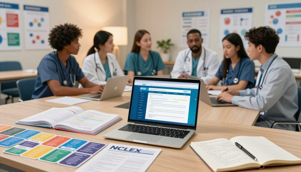 A visually engaging composition representing high-yield NCLEX topics for 2026. In the foreground, neatly arranged study materials including colorful flashcards, a laptop displaying a vibrant NCLEX practice test interface, and a notepad with handwritten notes, all exuding an atmosphere of organized learning. In the middle layer, a diverse group of nursing students, dressed in professional attire, engaged in animated discussion over the study materials, showcasing collaboration and determination. The background features a modern classroom setting with charts and posters highlighting key nursing concepts, illuminated by soft, warm lighting to create an inviting and focused atmosphere. The angle is slightly elevated, providing a comprehensive view of the study scene, capturing the essence of preparation and teamwork in nursing education. A visually engaging composition representing high-yield NCLEX topics for 2026. In the foreground, neatly arranged study materials including colorful flashcards, a laptop displaying a vibrant NCLEX practice test interface, and a notepad with handwritten notes, all exuding an atmosphere of organized learning. In the middle layer, a diverse group of nursing students, dressed in professional attire, engaged in animated discussion over the study materials, showcasing collaboration and determination. The background features a modern classroom setting with charts and posters highlighting key nursing concepts, illuminated by soft, warm lighting to create an inviting and focused atmosphere. The angle is slightly elevated, providing a comprehensive view of the study scene, capturing the essence of preparation and teamwork in nursing education.