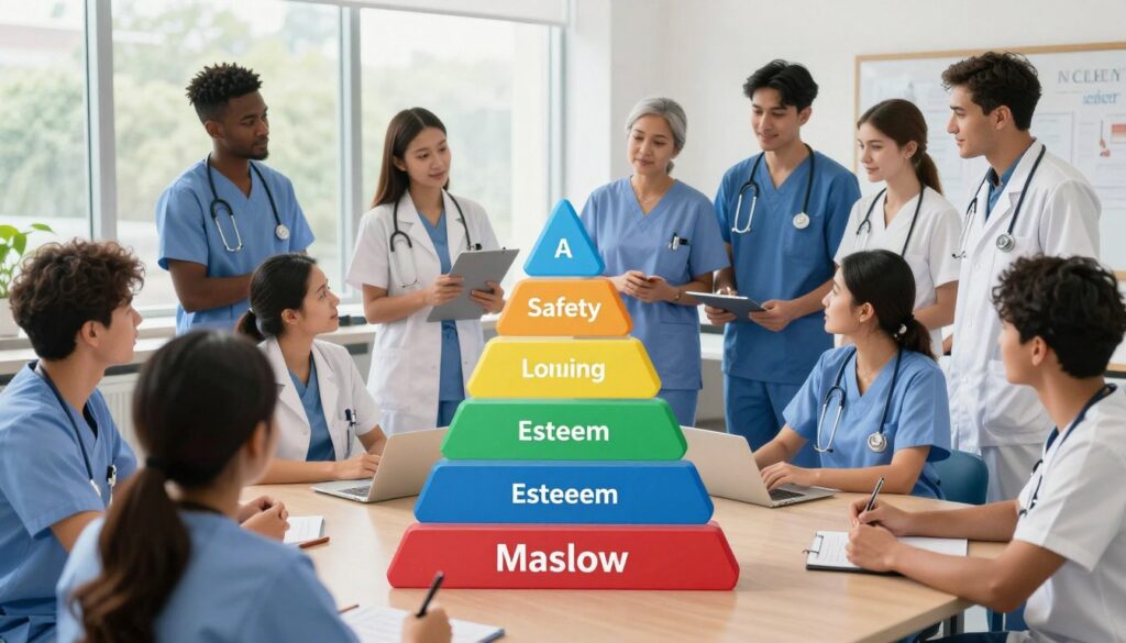 A visually engaging depiction of Maslow's hierarchy of needs, creatively layered within the context of nursing education for the NCLEX. In the foreground, include a pyramid representing Maslow's levels, each section labeled with relevant nursing concepts: physiological needs, safety, love and belonging, esteem, and self-actualization. In the middle, illustrate a diverse group of nursing students in professional attire, analyzing the pyramid in a classroom setting, demonstrating collaboration and engagement. The background should feature bright, natural lighting filtering through large windows, enhancing a motivational atmosphere. Use a wide-angle perspective to capture both the students and the details of the pyramid, emphasizing the importance of Maslow's framework in nursing practice. The overall mood should be inspiring and educational, promoting a sense of purpose and connection among future nurses. A visually engaging depiction of Maslow's hierarchy of needs, creatively layered within the context of nursing education for the NCLEX. In the foreground, include a pyramid representing Maslow's levels, each section labeled with relevant nursing concepts: physiological needs, safety, love and belonging, esteem, and self-actualization. In the middle, illustrate a diverse group of nursing students in professional attire, analyzing the pyramid in a classroom setting, demonstrating collaboration and engagement. The background should feature bright, natural lighting filtering through large windows, enhancing a motivational atmosphere. Use a wide-angle perspective to capture both the students and the details of the pyramid, emphasizing the importance of Maslow's framework in nursing practice. The overall mood should be inspiring and educational, promoting a sense of purpose and connection among future nurses.