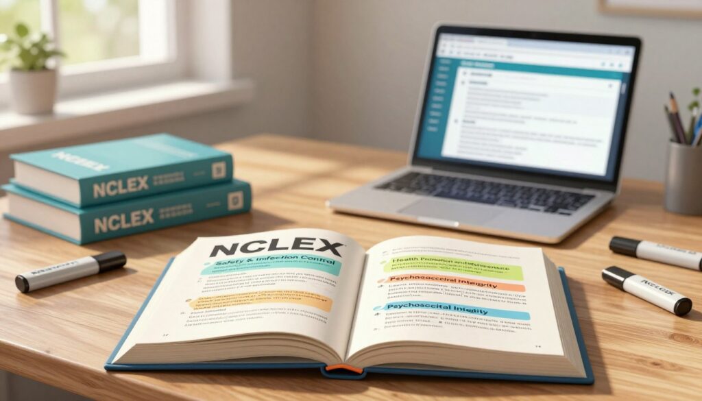 A visually engaging depiction of NCLEX exam topics, illustrated in a professional and organized manner. In the foreground, a detailed open book with highlighted sections labeled with key nursing categories, such as "Safety & Infection Control," "Health Promotion and Maintenance," and "Psychosocial Integrity." In the middle ground, a composed study environment featuring a wooden desk adorned with nursing textbooks, a laptop showing a digital study guide, and highlighters scattered around. The background features a softly lit room with a window allowing natural light to filter in, casting gentle shadows. The mood is focused and studious, evoking a sense of preparation and determination, suitable for aspiring nurses preparing for their exams. A visually engaging depiction of NCLEX exam topics, illustrated in a professional and organized manner. In the foreground, a detailed open book with highlighted sections labeled with key nursing categories, such as "Safety & Infection Control," "Health Promotion and Maintenance," and "Psychosocial Integrity." In the middle ground, a composed study environment featuring a wooden desk adorned with nursing textbooks, a laptop showing a digital study guide, and highlighters scattered around. The background features a softly lit room with a window allowing natural light to filter in, casting gentle shadows. The mood is focused and studious, evoking a sense of preparation and determination, suitable for aspiring nurses preparing for their exams.