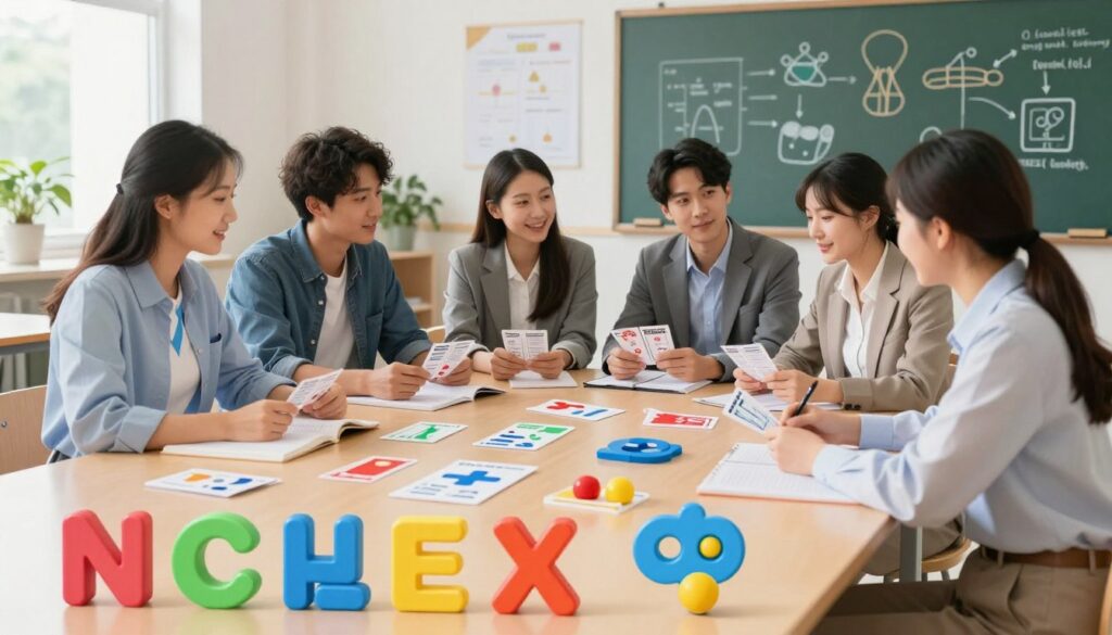 A visually engaging digital illustration showcasing various NCLEX mnemonic devices. In the foreground, prominently display colorful, creative representations of mnemonics such as acronyms and visual cues, perhaps illustrated as playful symbols or objects. In the middle ground, include images of students studying together at a table, dressed in professional business attire, deeply engaged in discussion and using flashcards. The background is a bright, well-lit classroom with a large chalkboard displaying diagrams related to nursing concepts. Use soft, natural lighting to create a warm atmosphere that encourages learning and collaboration. Capture the essence of educational success and teamwork, while ensuring the overall composition is dynamic and inspiring.