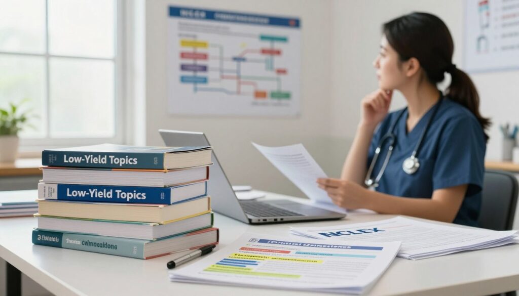 A visually engaging educational scene depicting a table cluttered with nursing textbooks and NCLEX study materials. In the foreground, a stack of books titled "Low-Yield Topics" is prominently featured, with highlighted sections showing topics like "Cultural Competence" and "Therapeutic Communication." In the middle ground, a professional nurse in smart casual attire is seen reviewing notes, looking thoughtfully at a flowchart on the wall that outlines various nursing practices. The background shows a well-lit study room with a large window letting in soft, natural light, creating a calm and focused atmosphere. The overall mood is studious and informative, illustrating the concept of low-yield topics effectively for nursing professionals.