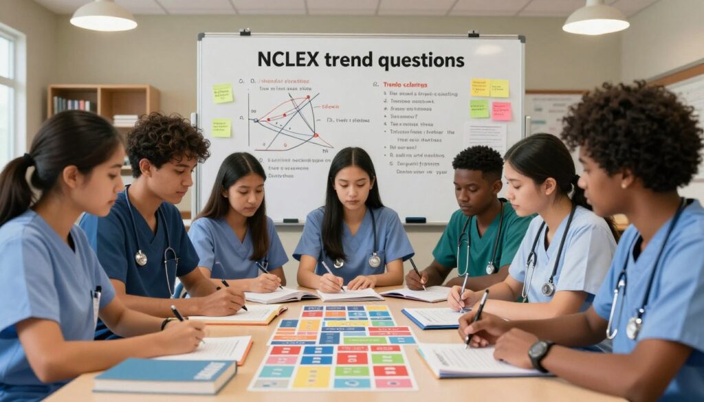 A visually engaging educational scene illustrating "NCLEX trend questions." In the foreground, a diverse group of nursing students in professional attire, focused on a table laden with study materials, such as textbooks, NCLEX guides, and colorful flashcards depicting various trend questions. In the middle, a large whiteboard filled with diagrams and sample trend questions, surrounded by sticky notes and relevant nursing concepts. In the background, an inviting classroom setting with warm lighting from overhead fixtures, enhancing a collaborative and hardworking atmosphere. The composition captures a sense of determination and teamwork, emphasizing the seriousness of exam preparation while remaining motivational and supportive.